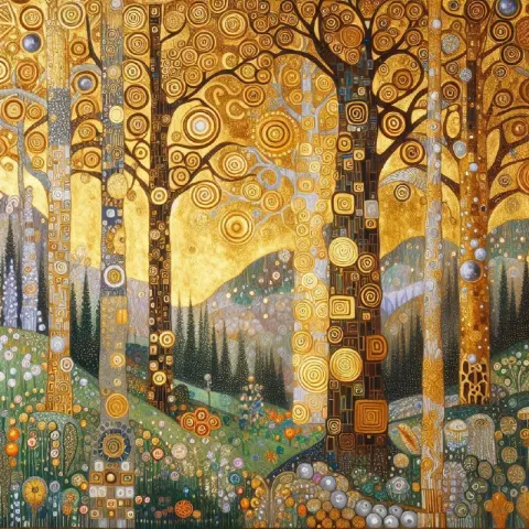 Klimt-Inspired Forest with Gold Leaf Symbolist Patterns