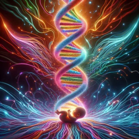 Colorful DNA Helix Giving Life to Hyperrealistic Baby