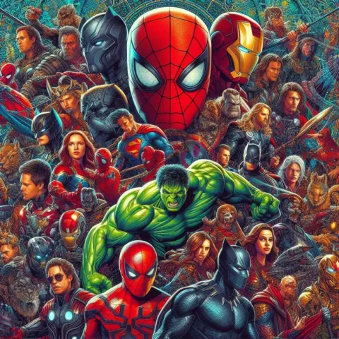 Vibrant Superhero Collage with Spiderman Hulk and Batman