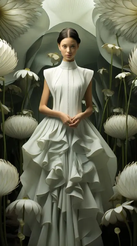 Classical Woman in Lotus Leaf Dress with Zen Tranquility