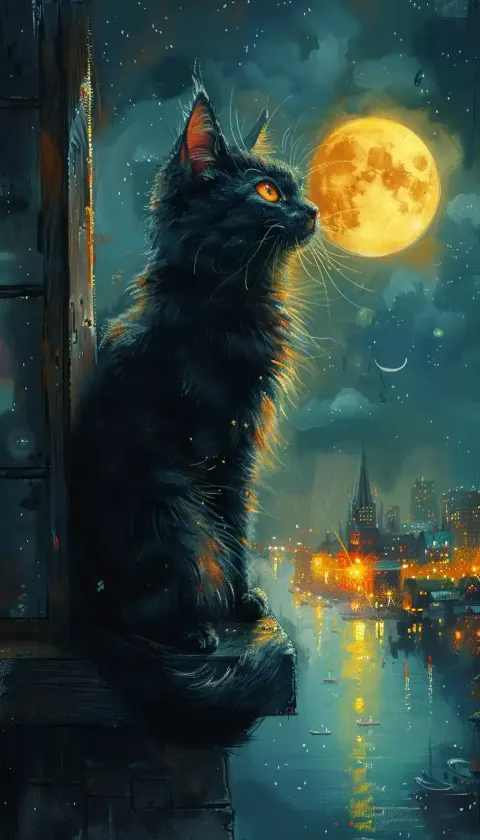 Watercolor Cat Night City