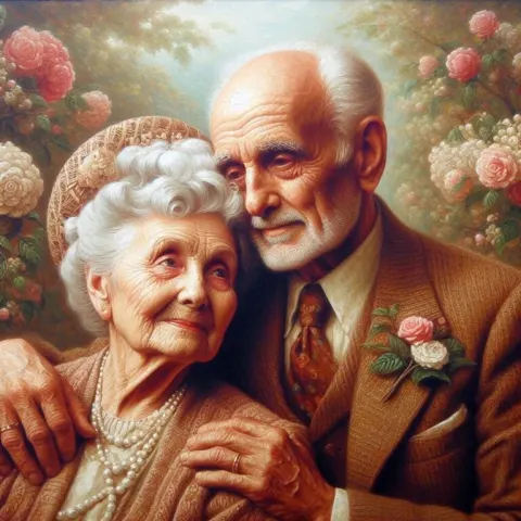 Detailed Oil Painting of 1950s Elderly Couple in Love