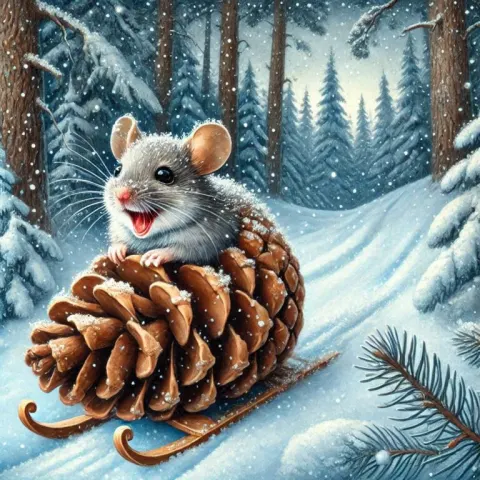 Ultrarealistic Mouse Sledding Forest Hill