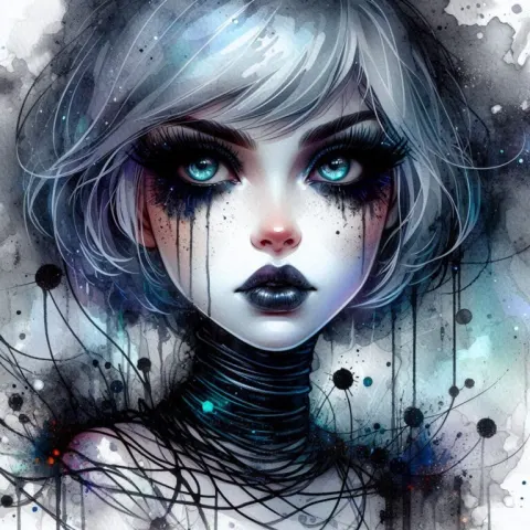 Gothic Woman with Blue Hair Wrapped in Black Wire