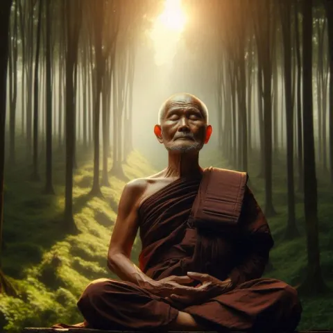 Monk Meditating Under Shady Tree in Morning Sunlight