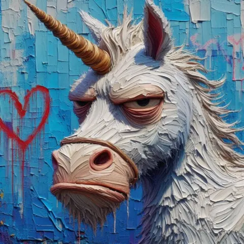 Grumpy Rainbow Unicorn Impasto Painting by Graffiti Wall