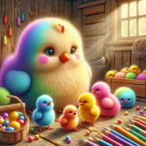 Fluffy Colorful Hen with Chicks in Cozy Chicken Coop