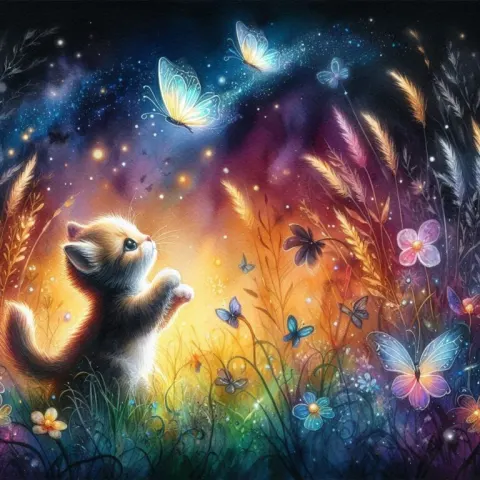 Whimsical Watercolor Cat Chasing Glowing Butterfly