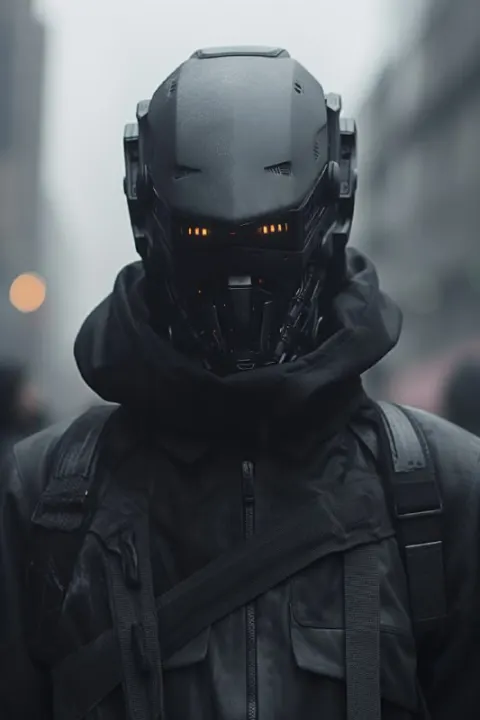 Matte Black Robot Head in Dystopian Street Movie Still