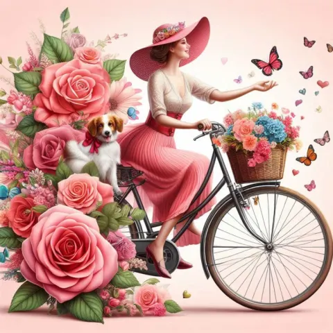 Lady Cycling with Flower Basket Dog and Heart Trail