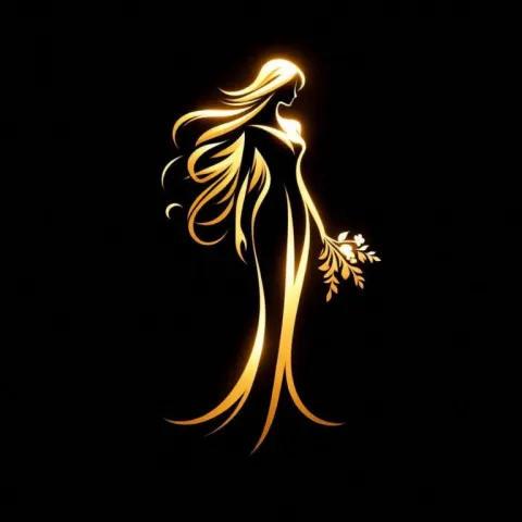Golden Glowing Female Silhouette Holding Flower Bouquet