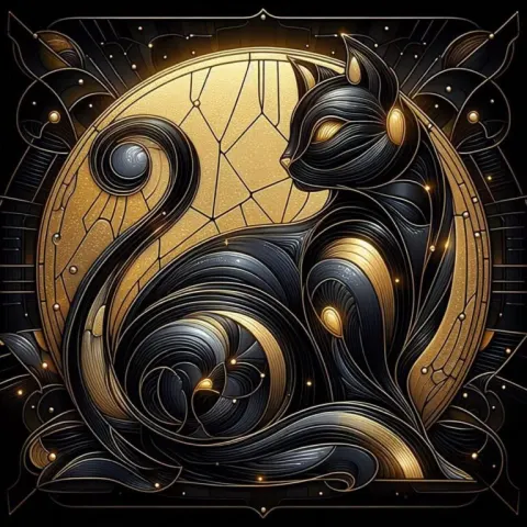 Stained Glass Black and Gold Cat Illustration