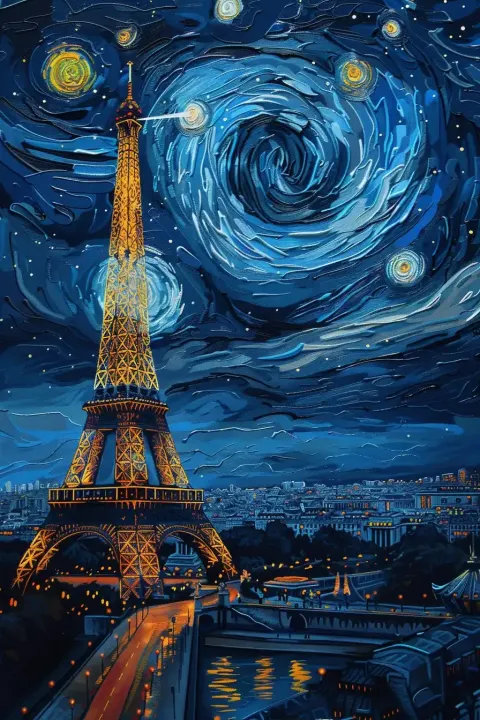 Realistic Eiffel Tower Van Gogh Sky
