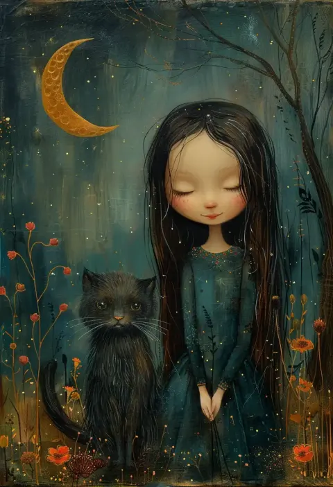 Whimsical Girl and Cat