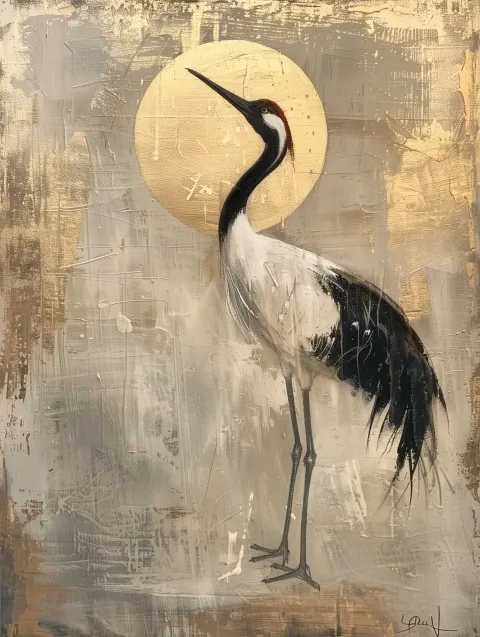 Japandi Crane Oil Painting