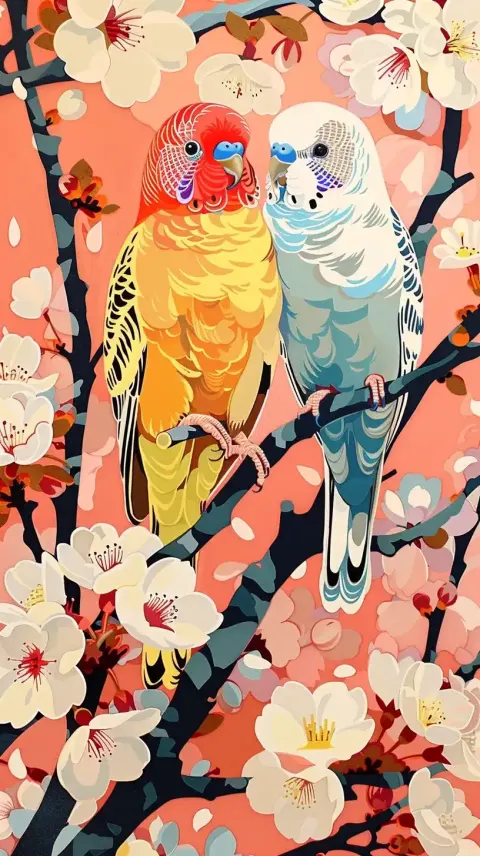 Colorful Budgies in Sakura