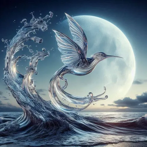 Ocean Wave Forming Transparent Hummingbird in Moonlight
