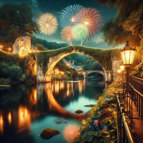Moss-Covered Stone Bridge over Peaceful River Scene