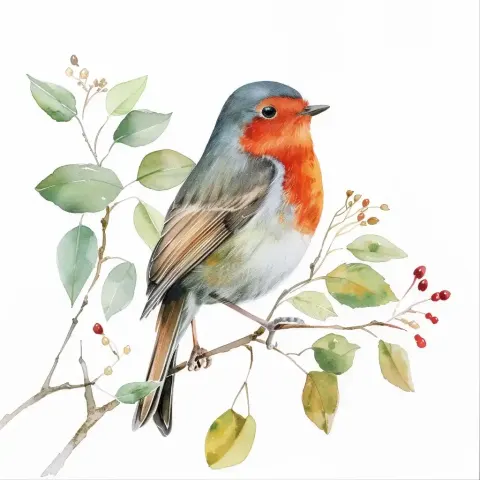 Watercolor Robin on Branch