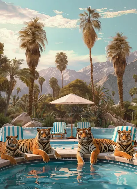 Realistic Tigers Poolside Palm Springs