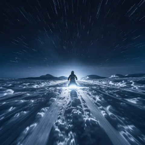 Snowmobile Racing Through Powder in Long Exposure Shot