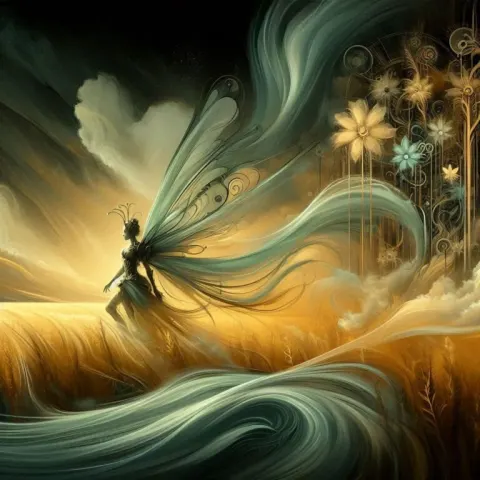 Steampunk Fairy Standing in Ethereal Teal Fieldscape