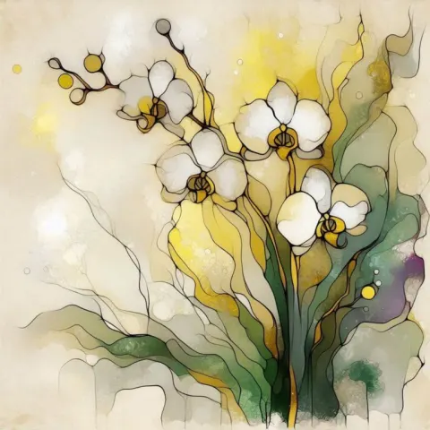 Whimsical Muted Orchids with Golden Contours Ebru Style
