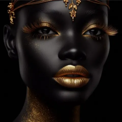 African Woman with Gold Painted Lips and Golden Lashes