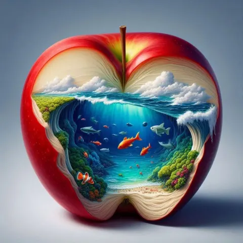 Cutaway Apple Oil Painting with Ocean Inside