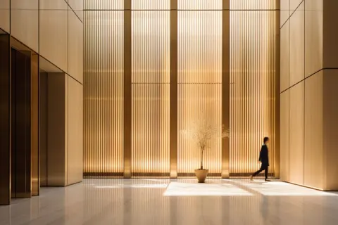 Elegant Bronze and Amber Office Lobby with Walking People