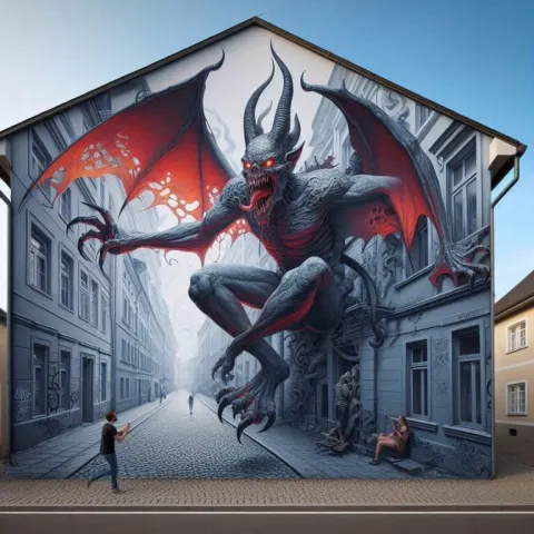 3D Graffiti Devil Mural on House Wall Photorealistic Art