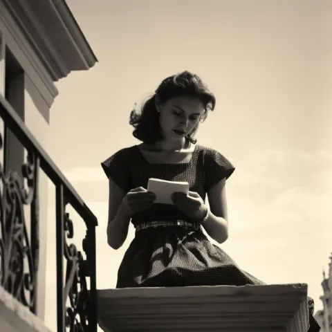 Black and White Portrait of Lady on Balcony with Phone
