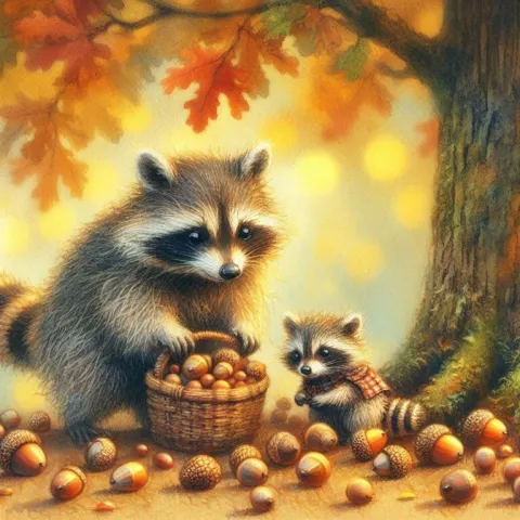 Raccoon and Baby Gathering Acorns Under Oak Watercolour