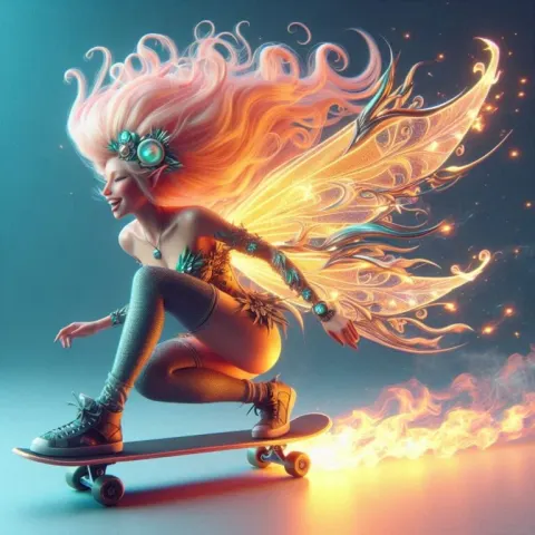 Laughing Fairy Skateboarding with Wings Action Photo