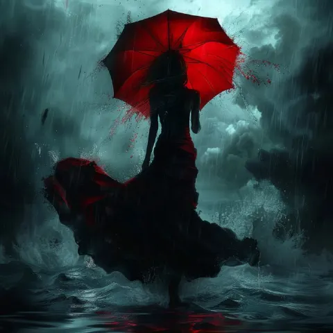 Mysterious Woman in Black Dress with Red Umbrella in Rain