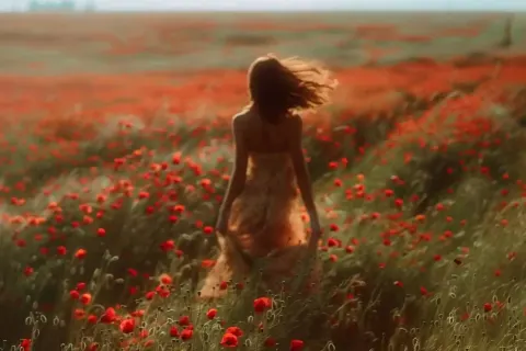 Brown-Haired Girl in Poppy Field