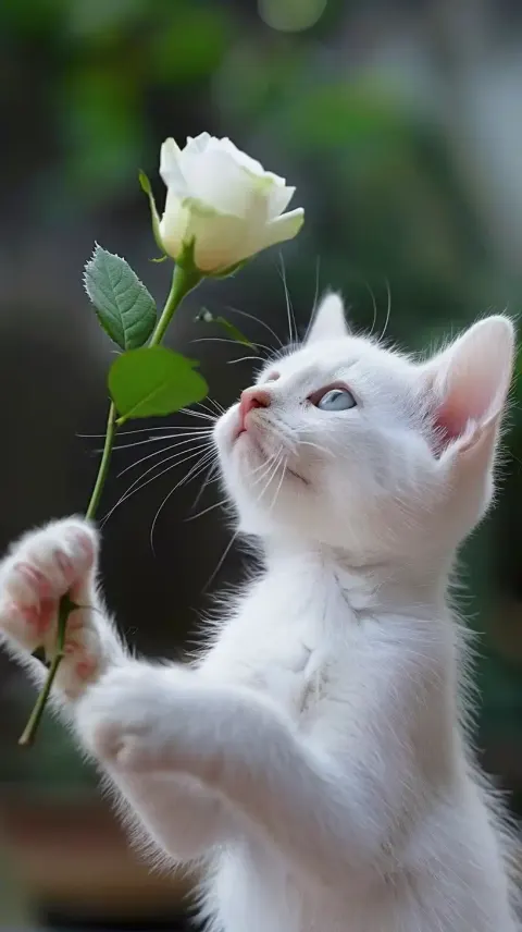 White Cat with Rose