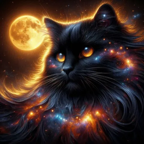 Black Cat with Constellation Eyes and Nebula Tail Fantasy