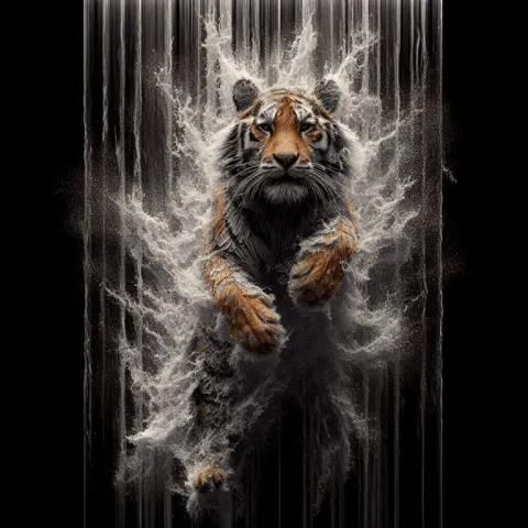 Photorealistic Tiger Leaping Through Wall of Water