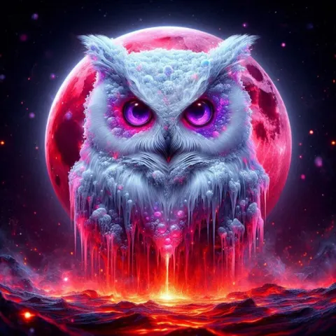 Ice-Formed White Owl with Purple Eyes Under Fiery Red Moon