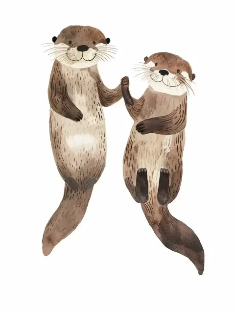 Watercolor Otters Holding Hands