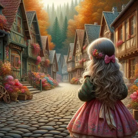 Old-Fashioned Girl Walking Cobbled Street Airbrush Fantasy