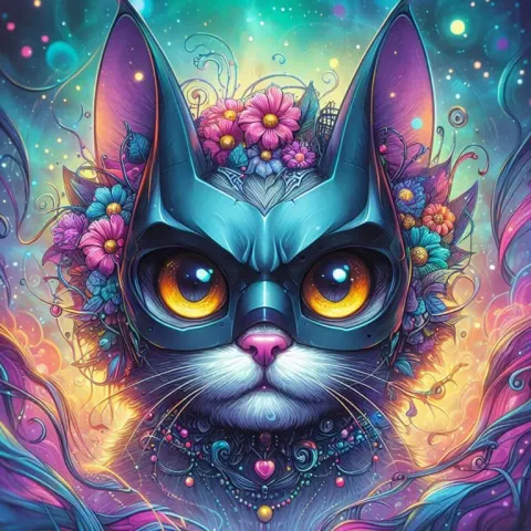 Whimsical Goth Cat in Batman Mask Vibrant Caricature
