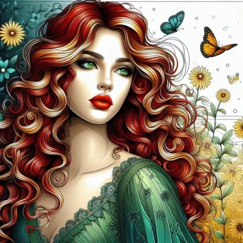 Red-Haired Woman in Green Dress Smooth Gradient Digital Art
