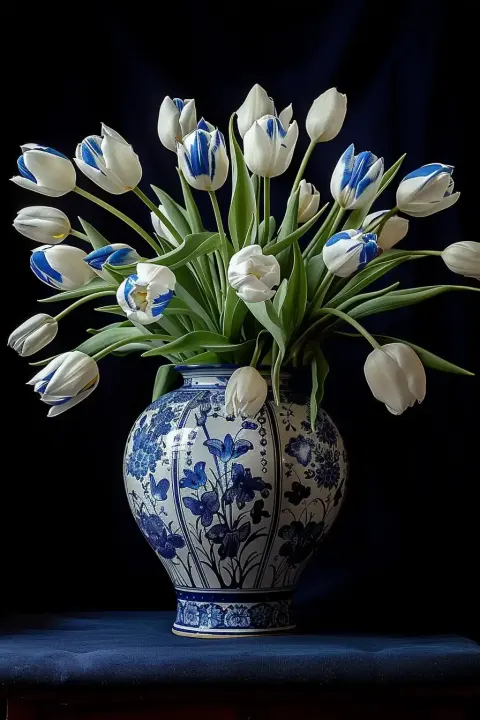 Blue Tulips in Delft Vase