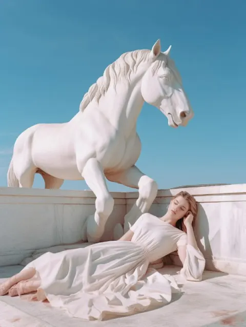 Girl in White Lying Beneath Antique White Horse Statue