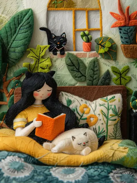 Felt Girl with Cats