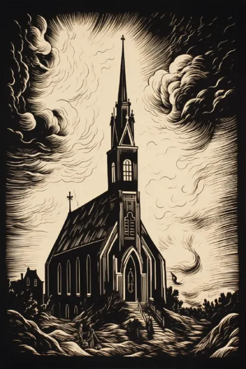 Burning Church Linocut Print in Black and White