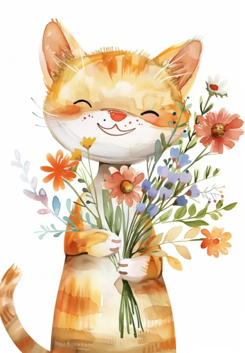 Watercolor Cat with Flowers
