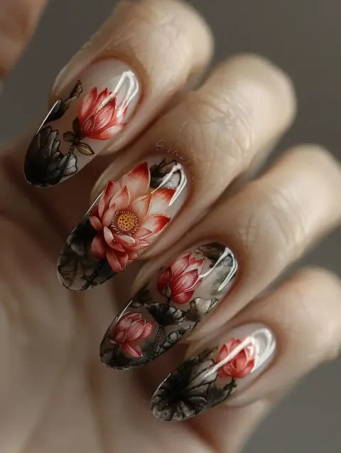 Photorealistic Lotus Nail Art
